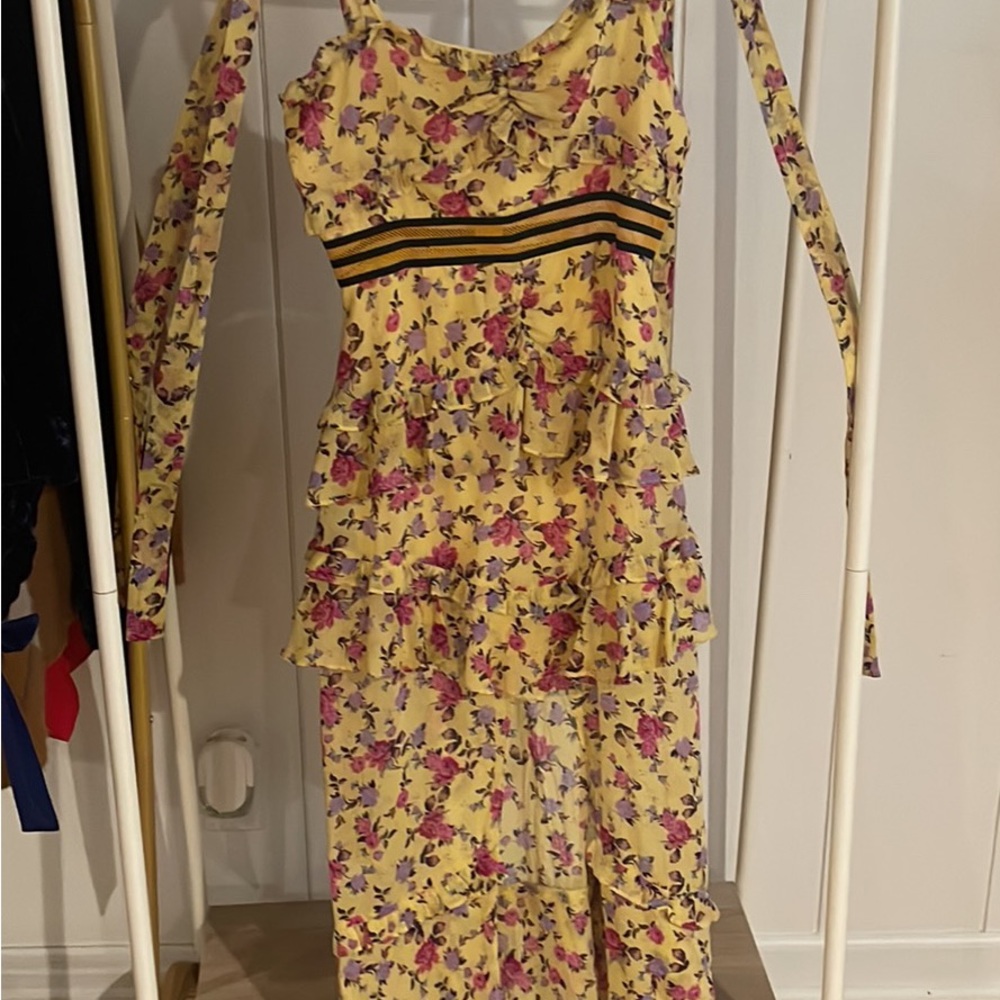 For love and lemons yellow floral maxi dress.